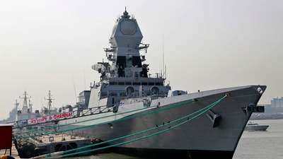 INS Chennai, a Kolkata class destroyer, is moored at a jetty in Mumbai. (File photo) (AP)