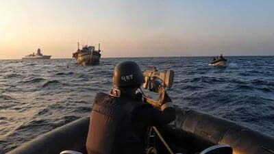 Indian Navy marine commandos launched a “sanitisation” operation after the vessel was hijacked in Arabian Sea (Twitter/@indiannavy) Indian Navy marine commandos launched a “sanitisation” operation after the vessel was hijacked in Arabian Sea (Twitter/@indiannavy)
