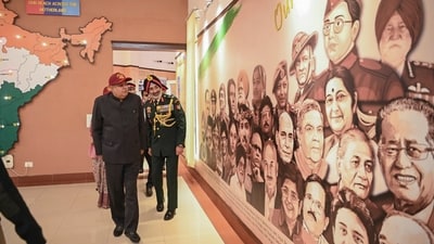 Vice President Jagdeep Dhankar with the Director General of NCC Lieutenant General Gurbirpal Singh visits the Hall of Fame at the NCC Republic Day Camp 2024. (PTI) Vice President Jagdeep Dhankar with the Director General of NCC Lieutenant General Gurbirpal Singh visits the Hall of Fame at the NCC Republic Day Camp 2024. (PTI)