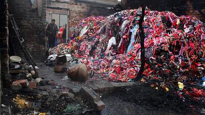 Piles of clothing material were gutted in the incident on Tibba road, Ludhiana. (Manish/HT) Piles of clothing material were gutted in the incident on Tibba road, Ludhiana. (Manish/HT)