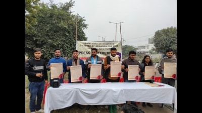Students releasing the charter of demands. (HT Photo)