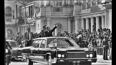 US President Jimmy Carter waves to the crowd at Connaught Place, New Delhi, during a state visit on January 1, 1978. (SN Sinha/HT Archive)