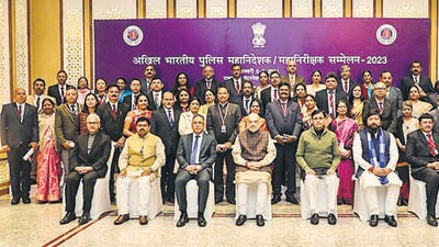 Union home minister Amit Shah and other officials at the DGPs/IGPs Conference 2023 in Jaipur on Friday. (Amit Shah/X) Union home minister Amit Shah and other officials at the DGPs/IGPs Conference 2023 in Jaipur on Friday. (Amit Shah/X)
