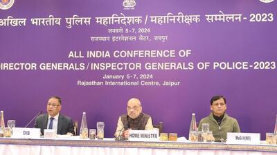 Union home minister Amit Shah attends 58th director generals of police/inspector generals of police conference at Rajasthan International Centre (RIC) in Jaipur (HT Photo)