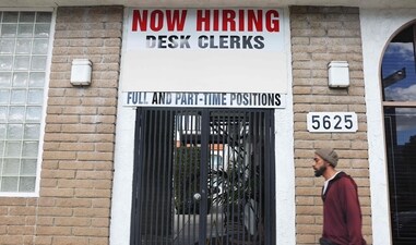 A sign reading "Now Hiring" is posted outside a hotel on January 03, 2024 in Los Angeles, California. U.S. job openings fell to 8.79 million in November, the lowest in over two years, according to the U.S. Labor Department. (Getty Images via AFP) A sign reading "Now Hiring" is posted outside a hotel on January 03, 2024 in Los Angeles, California. U.S. job openings fell to 8.79 million in November, the lowest in over two years, according to the U.S. Labor Department. (Getty Images via AFP)