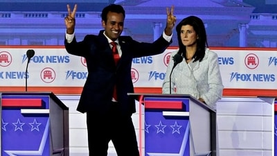 Reacting to her Nikki Haley's post on mental health, Vivek Ramaswamy said: “I think she might've actually written this one herself”. ((Bloomberg)) Reacting to her Nikki Haley's post on mental health, Vivek Ramaswamy said: “I think she might've actually written this one herself”. ((Bloomberg))