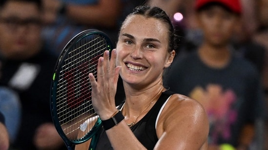 Aryna Sabalenka of Belarus celebrates after her women's singles match against Daria Kasatkina of Russia at the Brisbane International (AFP)