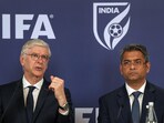 FIFA's Chief of Global Football Development Arsene Wenger and President of the All India Football Federation (AIFF) Kalyan Chaubey during a press conference. FIFA's Chief of Global Football Development Arsene Wenger and President of the All India Football Federation (AIFF) Kalyan Chaubey during a press conference.