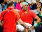 Spain's Rafael Nadal receives medical treatment for his hip during the third set of play against Australia's Jordan Thompson at their men's singles match during the Brisbane International tennis tournament in Brisbane on January 5 Spain's Rafael Nadal receives medical treatment for his hip during the third set of play against Australia's Jordan Thompson at their men's singles match during the Brisbane International tennis tournament in Brisbane on January 5