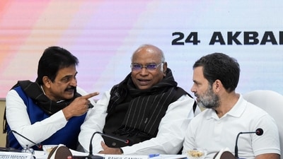 Congress president Mallikarjun Kharge, party leaders Rahul Gandhi, and KC Venugopal (ANI) Congress president Mallikarjun Kharge, party leaders Rahul Gandhi, and KC Venugopal (ANI)