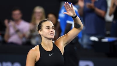 Aryna Sabalenka of Belarus gestures after winning her semi-final match against Victoria Azarenka (AP) Aryna Sabalenka of Belarus gestures after winning her semi-final match against Victoria Azarenka (AP)