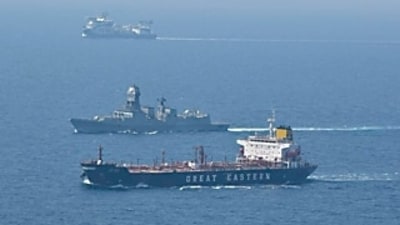 Indian Navy destroyer in the Gulf of Aden. Indian Navy destroyer in the Gulf of Aden.