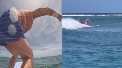 The image shows an 80-year-old woman surfing. (Instagram/@brisahennessy) The image shows an 80-year-old woman surfing. (Instagram/@brisahennessy)