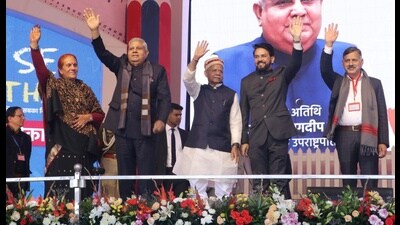 V-P Dhankhar with HP governor Shiv Pratap Shukla and Union minister Anurag Thakur during an event in Hamirpur. (HT Photo) V-P Dhankhar with HP governor Shiv Pratap Shukla and Union minister Anurag Thakur during an event in Hamirpur. (HT Photo)