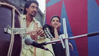 Diljit Dosanjh and Parineeti Chopra in a still from Chamkila. Diljit Dosanjh and Parineeti Chopra in a still from Chamkila.