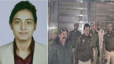 Picture of Kajal Jha whose property was sealed by Noida police along with photos of Noida police personnel outside the sealed bungalow. (X/Ghaziabad 365) Picture of Kajal Jha whose property was sealed by Noida police along with photos of Noida police personnel outside the sealed bungalow. (X/Ghaziabad 365)