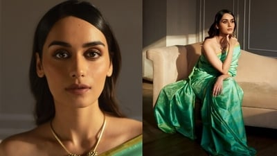Manushi Chhillar in a green Banarasi satin silk saree with tropical leaf detail by designer and handloom revivalist Vidhi Singhania. She spruced up her look with ghungroo, a statement neckpiece and a ring by jewellery designer Amber Paridhi Sahai. Manushi Chhillar in a green Banarasi satin silk saree with tropical leaf detail by designer and handloom revivalist Vidhi Singhania. She spruced up her look with ghungroo, a statement neckpiece and a ring by jewellery designer Amber Paridhi Sahai.