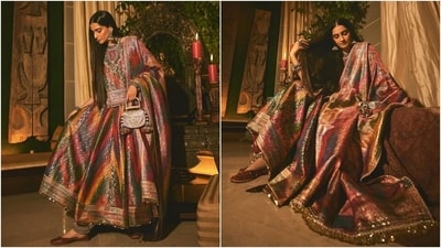 Sonam's silk lehenga choli set comes in a multi-coloured palette of red, blue, green, gold, purple, pink, and orange shades. While the blouse features a round neckline, half-length sleeves, and a relaxed fitting, the skirt has an A-line design, pleated silhouette, and broad patti borders. Lastly, real gold brocade embroidery, gold vintage tassels, and pearls elevated Sonam's vintage ethnic look. (Instagram) Sonam's silk lehenga choli set comes in a multi-coloured palette of red, blue, green, gold, purple, pink, and orange shades. While the blouse features a round neckline, half-length sleeves, and a relaxed fitting, the skirt has an A-line design, pleated silhouette, and broad patti borders. Lastly, real gold brocade embroidery, gold vintage tassels, and pearls elevated Sonam's vintage ethnic look. (Instagram)