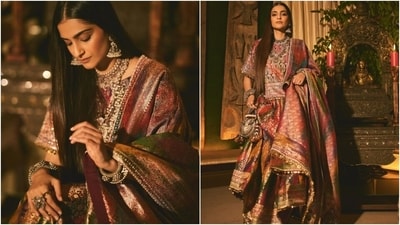 Sonam's ensemble is from the shelves of designer Jigya Patel's eponymous label, Jigya.M. The actor shared the photos of her look along with a detailed note sharing all the exquisite elements of her ensemble. She wrote, "Wearing this @jigyam ensemble is what Indian textile dreams are made of! It's my BFFs wedding and this was the perfect chance for me to wear a beautiful outfit that was made from actual vintage old Banarasee saree with real gold weave with all antique techniques of surface embroidery; they have added all vintage tassels with shells and pearls and the dupatta is embroidered with vintage mochi workpieces which are over 60 years old and is one of the finest techniques of embroidery from Gujarat." (Instagram) Sonam's ensemble is from the shelves of designer Jigya Patel's eponymous label, Jigya.M. The actor shared the photos of her look along with a detailed note sharing all the exquisite elements of her ensemble. She wrote, "Wearing this @jigyam ensemble is what Indian textile dreams are made of! It's my BFFs wedding and this was the perfect chance for me to wear a beautiful outfit that was made from actual vintage old Banarasee saree with real gold weave with all antique techniques of surface embroidery; they have added all vintage tassels with shells and pearls and the dupatta is embroidered with vintage mochi workpieces which are over 60 years old and is one of the finest techniques of embroidery from Gujarat." (Instagram)