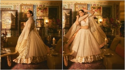 Sonam wore an ivory half-sleeved blouse, a lehenga skirt, and a matching dupatta. She styled the ensemble with gold and pearl jhumkis, rings, a centre-parted sleek bun, subtle eye shadow, kohl-lined eyes, a nude lip shade, blushed cheekbones, a dewy base, and mascara on the lashes. (Instagram) Sonam wore an ivory half-sleeved blouse, a lehenga skirt, and a matching dupatta. She styled the ensemble with gold and pearl jhumkis, rings, a centre-parted sleek bun, subtle eye shadow, kohl-lined eyes, a nude lip shade, blushed cheekbones, a dewy base, and mascara on the lashes. (Instagram)