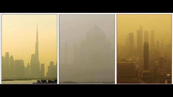A haze obscures the skylines of Dubai, where sandstorms have been intensifying, in December; Agra and the Taj Mahal, in November; and New York, amid raging wildfires in Canada, in June. (AFP, ANI, Getty Images)