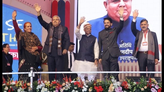 V-P Dhankhar with HP governor Shiv Pratap Shukla and Union minister Anurag Thakur during an event in Hamirpur. (HT Photo)