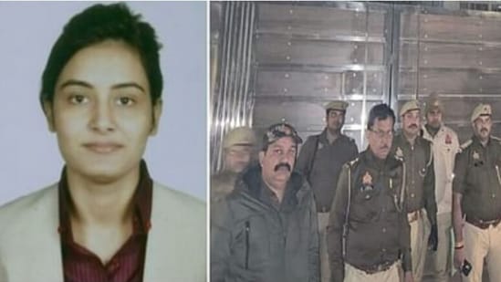 Picture of Kajal Jha whose property was sealed by Noida police along with photos of Noida police personnel outside the sealed bungalow. (X/Ghaziabad 365)