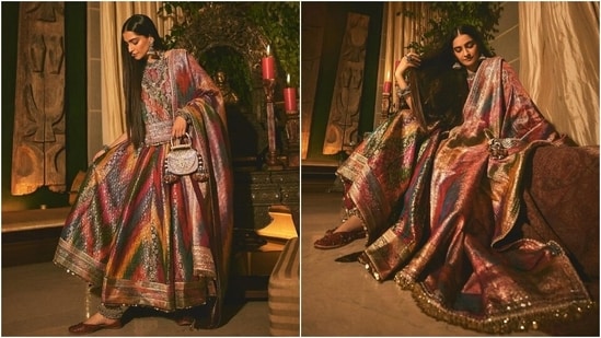 Sonam's silk lehenga choli set comes in a multi-coloured palette of red, blue, green, gold, purple, pink, and orange shades. While the blouse features a round neckline, half-length sleeves, and a relaxed fitting, the skirt has an A-line design, pleated silhouette, and broad patti borders. Lastly, real gold brocade embroidery, gold vintage tassels, and pearls elevated Sonam's vintage ethnic look. (Instagram)