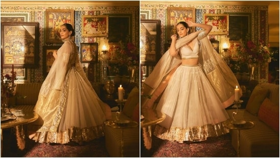 Sonam wore an ivory half-sleeved blouse, a lehenga skirt, and a matching dupatta. She styled the ensemble with gold and pearl jhumkis, rings, a centre-parted sleek bun, subtle eye shadow, kohl-lined eyes, a nude lip shade, blushed cheekbones, a dewy base, and mascara on the lashes. (Instagram)