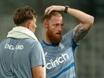 England's Ben Stokes and Joe Root during practice 