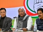 Congress President Mallikarjun Kharge with senior party leaders K.C. Venugopal and Randeep Singh Surjewala. (Hindustan Times File Photo) Congress President Mallikarjun Kharge with senior party leaders K.C. Venugopal and Randeep Singh Surjewala. (Hindustan Times File Photo)