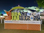 A model of the Vibrant Gujarat Global Summit 2024 placed at a roadside ahead of the summit, in Gandhinagar A model of the Vibrant Gujarat Global Summit 2024 placed at a roadside ahead of the summit, in Gandhinagar