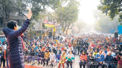 Atishi addresses a meeting at Kalkaji on Sunday. (HT Photo)