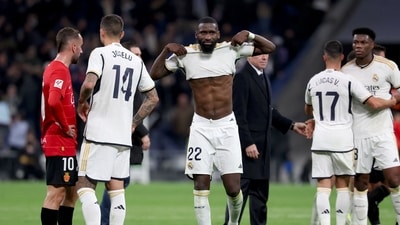Antonio Rudiger reacts at the end of the Spanish league football match between Real Madrid CF and RCD Mallorca at the Santiago Bernabeu (AFP) Antonio Rudiger reacts at the end of the Spanish league football match between Real Madrid CF and RCD Mallorca at the Santiago Bernabeu (AFP)