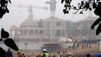 The foundation of the mandir has been constructed with a 14-meter-thick layer of roller-compacted concrete (RCC), which gives it the appearance of artificial rock.&nbsp; (AP)