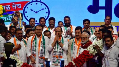 Mumbai, India – Jan 07, 2024: Maharashtra DCM Ajit Pawar, NCP (Ajit Pawar Faction) leader Sunil Tatkare, NCP (Ajit Pawar Faction) leader Praful Patel, NCP (Ajit Pawar Faction) leader Chagan Bhujbal during activists communication convention held at Shanmukhanand Hall, at Sion, in Mumbai, India, on Sunday, Jan 07, 2024. (Photo by Bhushan Koyande/HT Photo) Mumbai, India – Jan 07, 2024: Maharashtra DCM Ajit Pawar, NCP (Ajit Pawar Faction) leader Sunil Tatkare, NCP (Ajit Pawar Faction) leader Praful Patel, NCP (Ajit Pawar Faction) leader Chagan Bhujbal during activists communication convention held at Shanmukhanand Hall, at Sion, in Mumbai, India, on Sunday, Jan 07, 2024. (Photo by Bhushan Koyande/HT Photo)