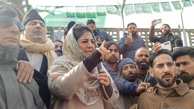 PDP chief Mehbooba Mufti speaks as she arrives to pay homage to party founder Mufti Mohammad Sayeed on his death anniversary, at Bijbehara in Anantnag on Sunday. (PTI) PDP chief Mehbooba Mufti speaks as she arrives to pay homage to party founder Mufti Mohammad Sayeed on his death anniversary, at Bijbehara in Anantnag on Sunday. (PTI)