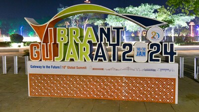A model of the Vibrant Gujarat Global Summit 2024 placed at a roadside ahead of the summit, in Gandhinagar (PTI)