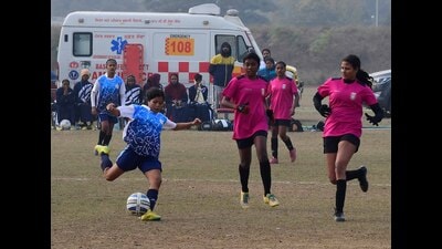 Players in action during a football match at PAU in Ludhiana on Sunday.The second day of the ongoing 67th National School Games saw a series of strong performances with Gujarat stealing the show with a huge 24-0 win over Vidya Bharathi . (Manish//HT)