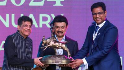 Union minister Piyush Goyal with Tamil Nadu chief minister MK Stali during the inauguration of the Global Investors Meet 2024, at Nandambakkam, in Chennai on Sunday (Agencies) Union minister Piyush Goyal with Tamil Nadu chief minister MK Stali during the inauguration of the Global Investors Meet 2024, at Nandambakkam, in Chennai on Sunday (Agencies)