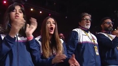 Aaradhya, Aishwarya Rai, Amitabh Bachchan and Abhishek Bachchan at Pro Kabaddi League match. Aaradhya, Aishwarya Rai, Amitabh Bachchan and Abhishek Bachchan at Pro Kabaddi League match.