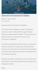 Maldives government statement on its deputy minister's derogatory remark against PM Modi. Maldives government statement on its deputy minister's derogatory remark against PM Modi.