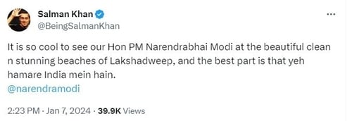 Salman Khan posts about Lakshadweep Islands.