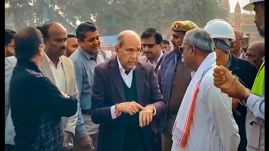 Nripendra Misra, the chairman of Ram Mandir construction committee, inspects preparations ahead of Ram Temple consecration ceremony, in Ayodhya. (PTI)