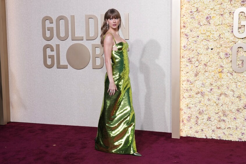 taylor swift green gucci dress Taylor Swift Holds Court in Green Gucci Dress at Golden Globes 2024