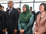 Maldives president Mohamed Muizzu with first lady Sajidha Mohamed visits the Xiamen Free Trade Zone, in Fujian province, China.(PTI)
