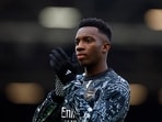 Arsenal's Eddie Nketiah during the warm up before the match.