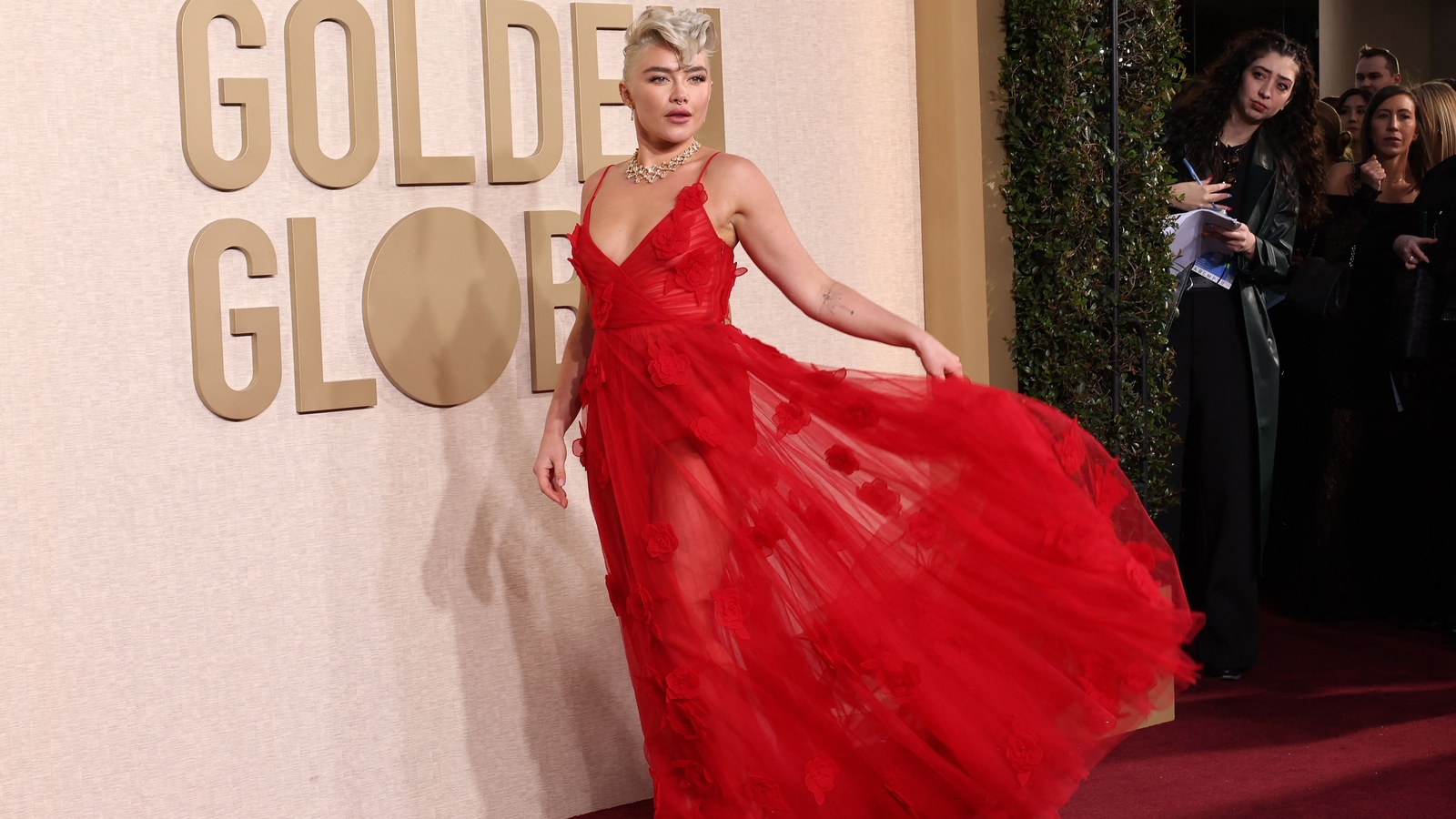 florence pugh red dress Florence Pugh wears sheer dress to 2024 Golden Globes: See photos