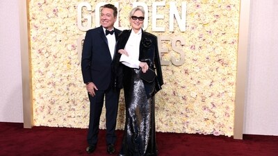 Meryl Streep, 74, showcased boldness and elegance in a liquid black Valentino skirt and jacket set, paired with a white pussy bow blouse. The star of The Devil Wears Prada completed her look with black cat-eye sunglasses and Fred Leighton white topaz double drop earrings, along with a 10-carat marquise-shaped diamond ring from the brand.&nbsp; (REUTERS)