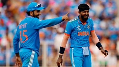 India's Hardik Pandya celebrates with Rohit Sharma (REUTERS)